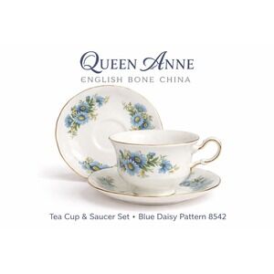 Queen Anne English Bone China Tea Cup Saucer Set Blue Daisy Pattern 8542 Vintage